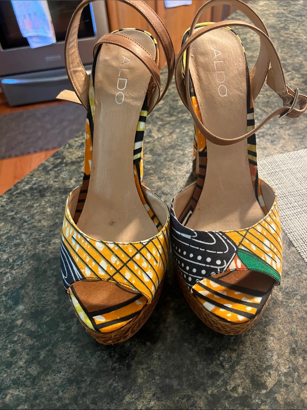 ALDO Yellow & Black Patterned Peep-Toe Wedge Sandals